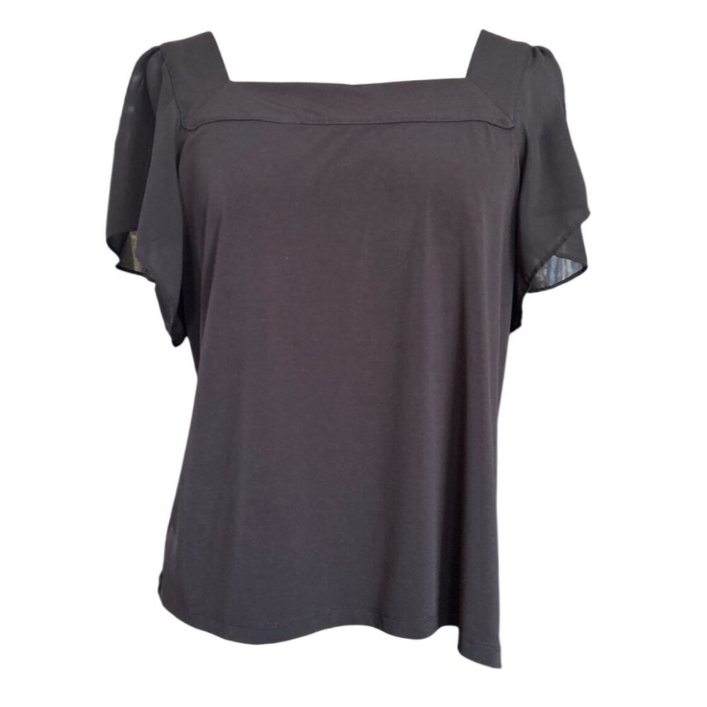 Calvin Klein Black Sheer Sleeve Square Neck Blouse Soft Stretch Elegant Top